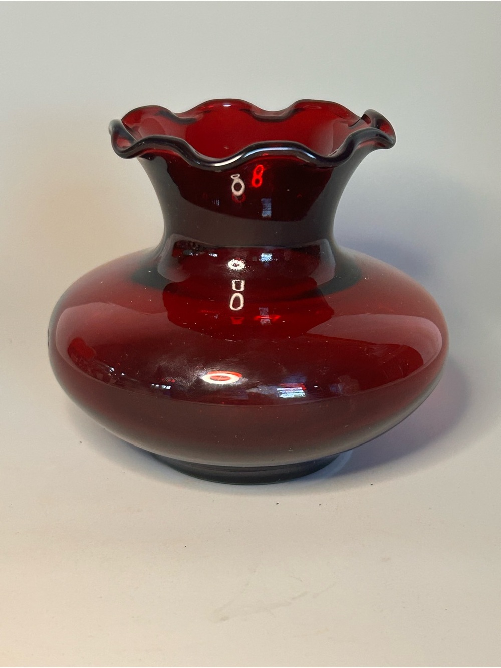 Vintage Anchor Hocking Royal Ruby Red Ruffled Rim Glass Bud Vase 4 in. MCM